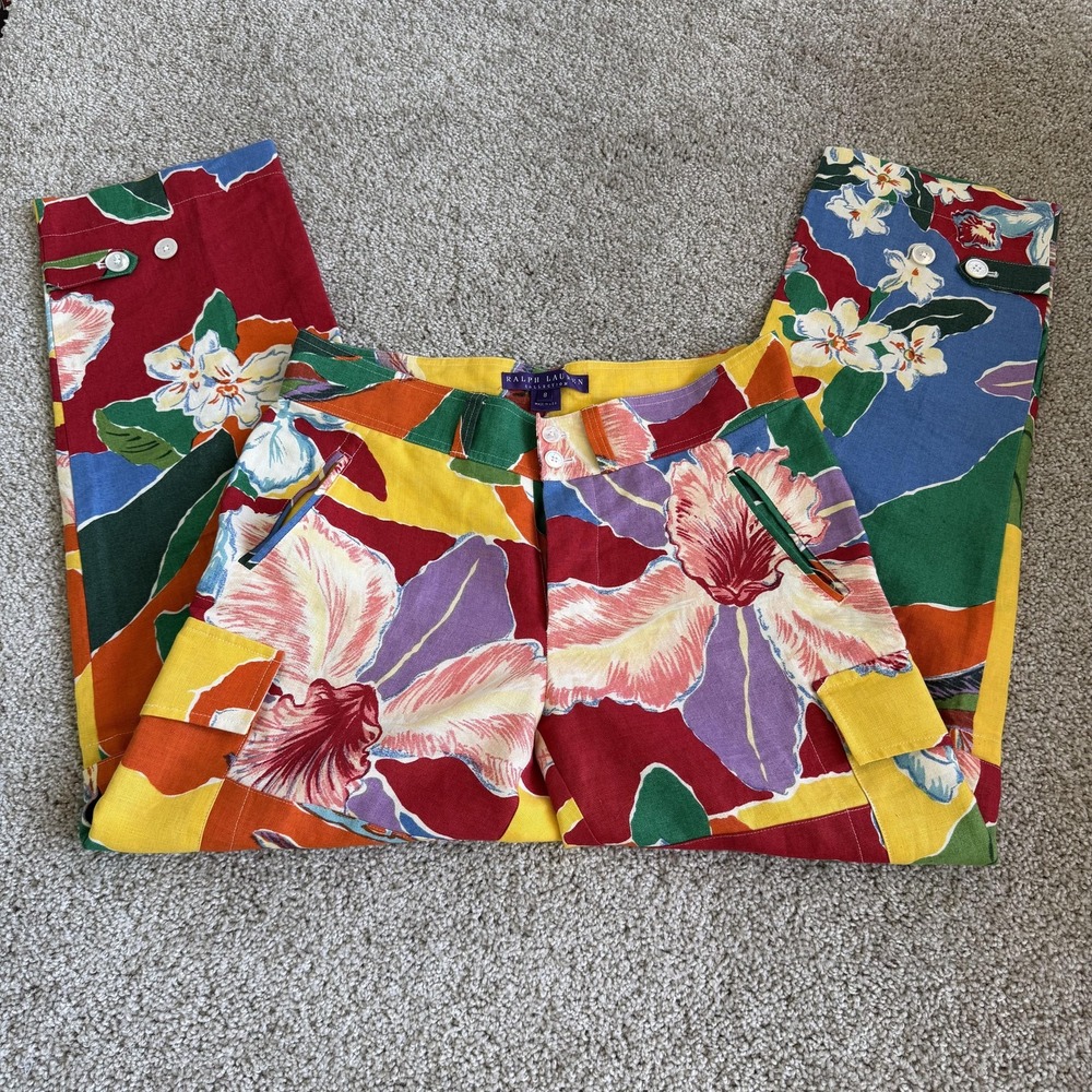 Purple Label Ralph Lauren Collection Cargo Pants Women 8 Multicolor Linen Floral